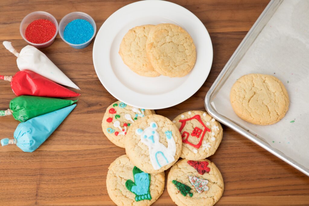 Cookie being assembled on a table, viewed from above